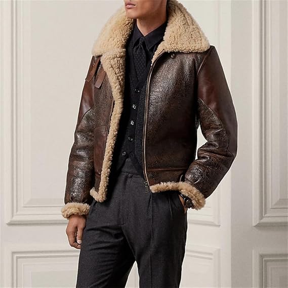 Vsadsau Mens Vintage Distressed B3 Bomber Jacket Air Force Flight Jacket Sheepskin Thickened Shearing Coat