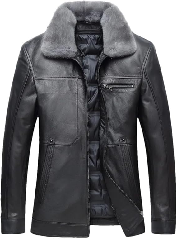 Hgvcfcv Men Plus Size Cowhide Down Jacket Fur Collar Winter Thick Warm Fit Leather Coat
