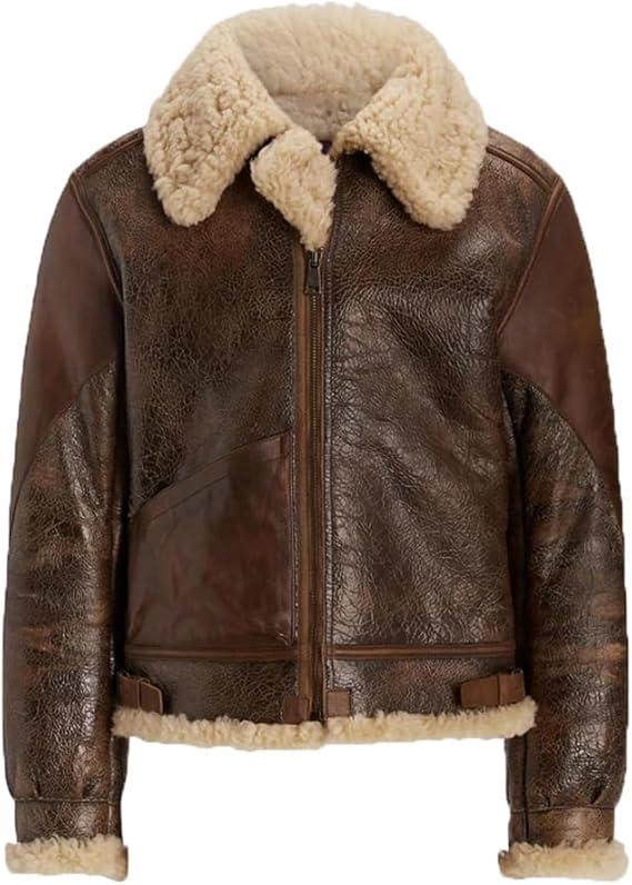 Vsadsau Mens Vintage Distressed B3 Bomber Jacket Air Force Flight Jacket Sheepskin Thickened Shearing Coat