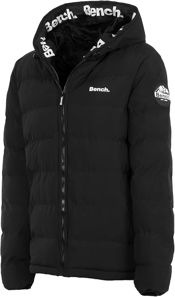 Bench Original Mens Heavy Weight Fleece Lined Padded Ultra Warm Winter Black Hooded Coat Jacket Zip Pockets Inside Zip Pocket