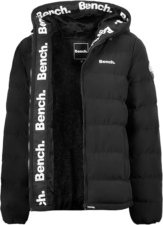Bench Original Mens Heavy Weight Fleece Lined Padded Ultra Warm Winter Black Hooded Coat Jacket Zip Pockets Inside Zip Pocket