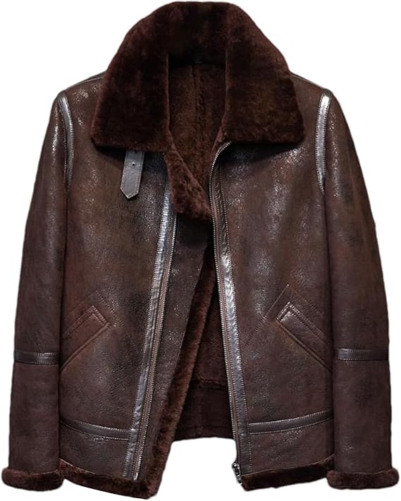 Kelsiop Men's Shearling Jacket Military American Bomber Leather Red Brown Sheepskin Jacket