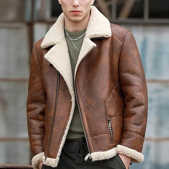 Men's Winter Motorcycle Leather Jacket Wool-Fur Lapel Design Coat Outdoor Windproof Leather Jacket