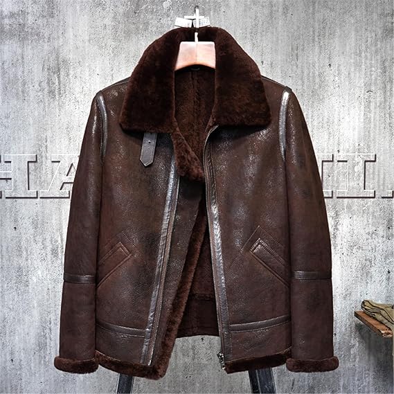 Kelsiop Men's Shearling Jacket Military American Bomber Leather Red Brown Sheepskin Jacket