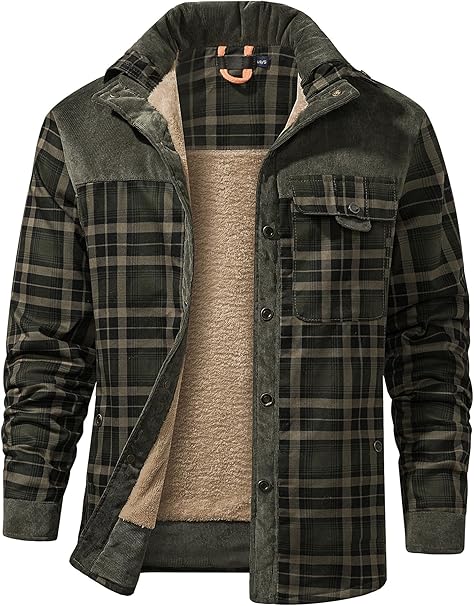 Mr.Stream Men's Padded Lumberjack Casual Long Sleeve Plaid Flannel Fur Lined Button Warm Shirt Sherp Jacket