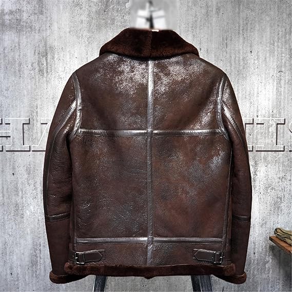 Kelsiop Men's Shearling Jacket Military American Bomber Leather Red Brown Sheepskin Jacket