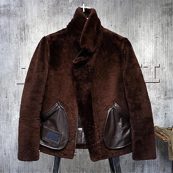 Kelsiop Men's Shearling Jacket Military American Bomber Leather Red Brown Sheepskin Jacket